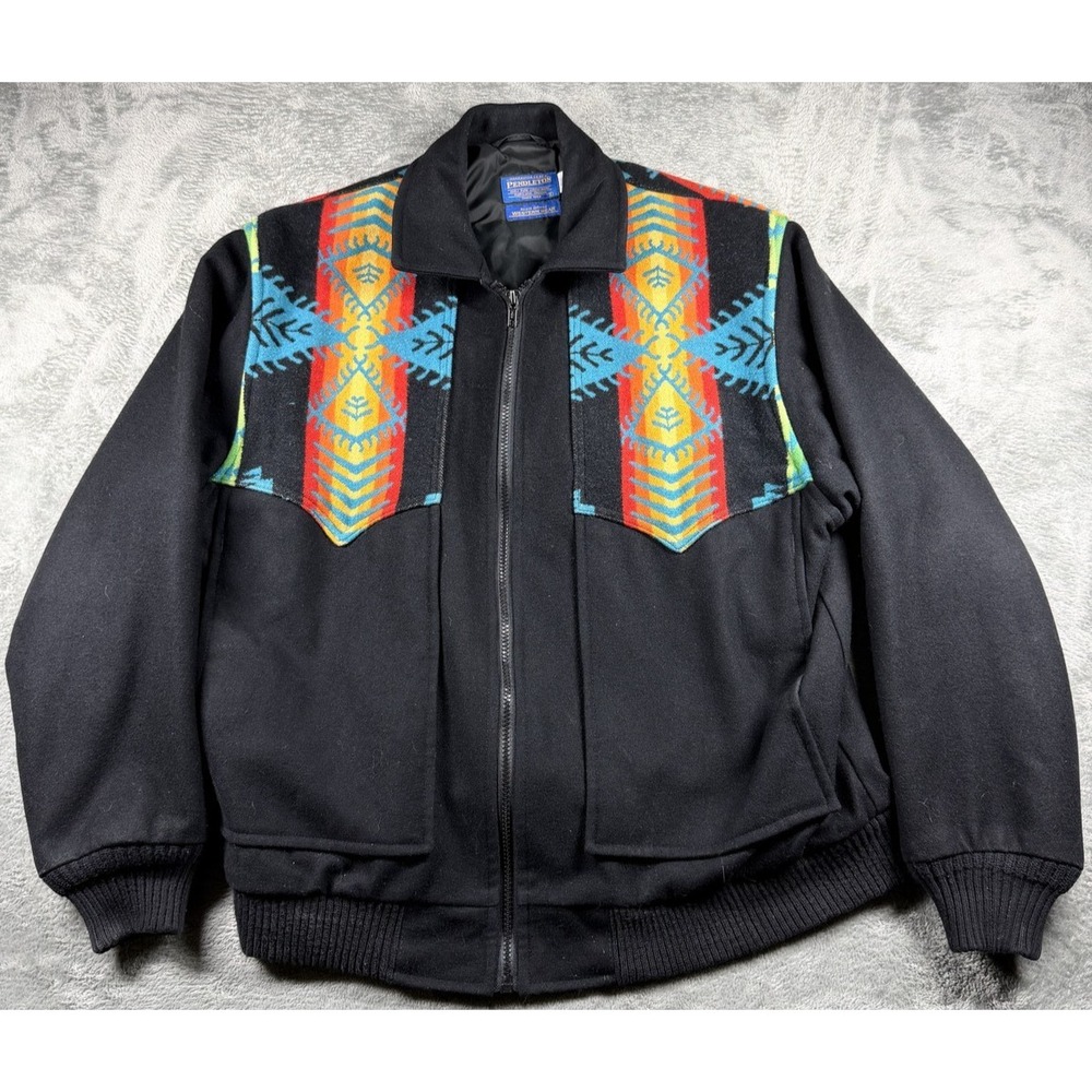 Vtg Pendleton High Grade Western Wear Jacket Mens L Aztec Black Wool Bomber USA